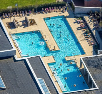 Aerial view, saltwater pool, outdoor swimming pool and bathers, sun loungers, Werne, Ruhr area,