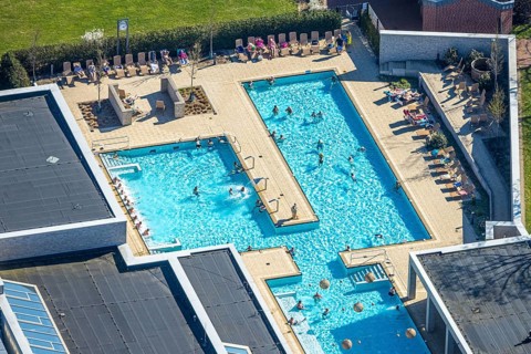 Aerial view, saltwater pool, outdoor swimming pool and bathers, sun loungers, Werne, Ruhr area,