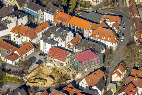 Aerial view, construction site with new building on the corner of Kämperstraße and Steinerstraße,