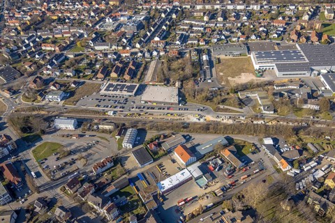 Aerial view, construction site construction work at Werl station and station forecourt, shopping