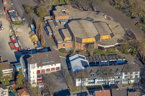 Aerial view, civic hall Werl event location, volunteer fire brigade, Werl, Soester Börde, North