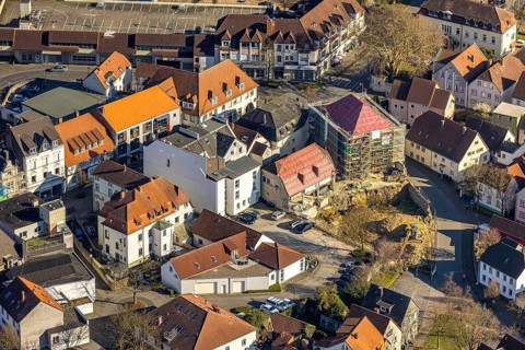 Aerial view, construction site with new building on the corner of Kämperstraße and Steinerstraße,