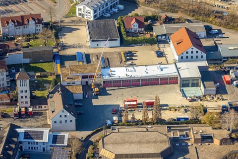 Aerial view, construction site roof works volunteer fire brigade, Werl, Soester Börde, North