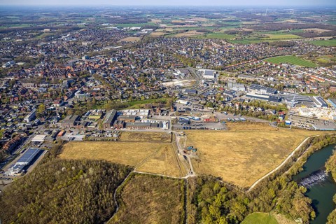 Aerial view, industrial area former Werne colliery shaft 1/2, brownfield site