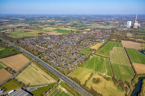 Aerial view, residential area, Stockum district with view to RWE Generation SE power plant