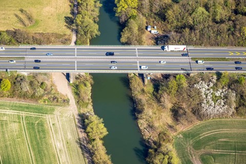 Aerial view, motorway bridge A1 over the river Lippe, district Herringen, Hamm, Ruhr area, North