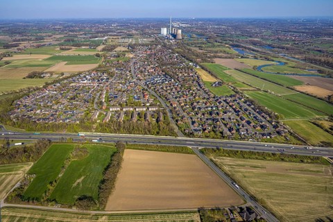 Aerial view, residential area, Stockum district with view to the WE Generation SE power plant