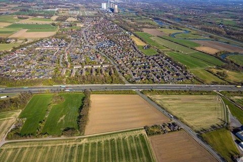 Aerial view, residential area, Stockum district with view to the WE Generation SE power plant