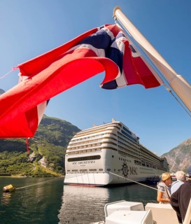 Ship MSC Orchestra Panama, Norwegian flag, Geiranger, Møre og Romsdal, Norway, Scandinavia, Europe,