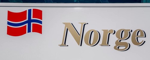 Norwegian flag, Norge logo, Geiranger, Møre og Romsdal, Norway, Scandinavia, Europe, adventure
