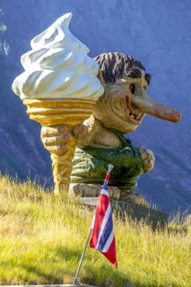 Norwegian troll and foodIce and Norwegian flag, Innfjorden, Møre og Romsdal, Norway, Scandinavia,