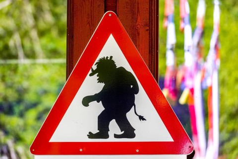 Traffic sign, caution trolls, Innfjorden, Møre og Romsdal, Norway, Scandinavia, Europe, adventure