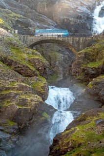 Coach, bridge Stigfossbrua, waterfall Stigfossen, Innfjorden, Møre og Romsdal, Norway, Scandinavia,