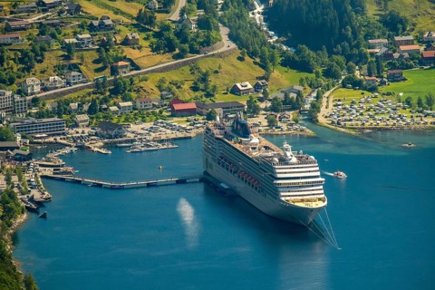 GeirangerFjord, view of Geiranger, ship MSC Orchestra at anchor, Møre og Romsdal, Norway,