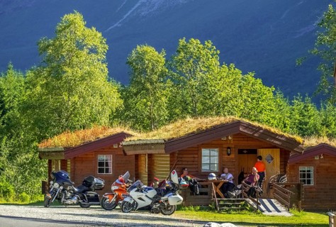 Biker meeting, camping cabins, Tafjord, Møre og Romsdal, Norway, Scandinavia, Europe, adventure