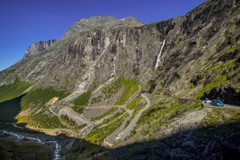 Trollstigen near Andalsnes, serpentines, hairpin bends, Stigfossen waterfall, Innfjorden, Møre og