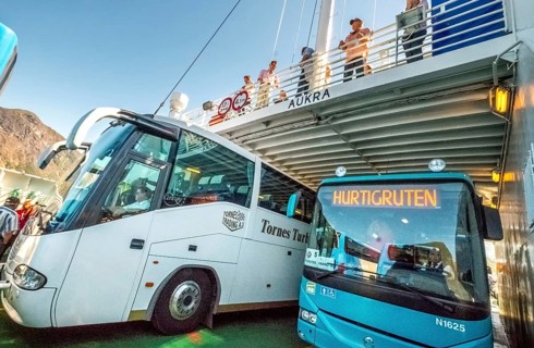 Coaches on a ferry, Eidsdal, Møre og Romsdal, Norway, Scandinavia, Europe, adventure travel,