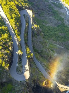 Trollstigen near Andalsnes, serpentines, hairpin bends, Stigfossen waterfall, Innfjorden, Møre og