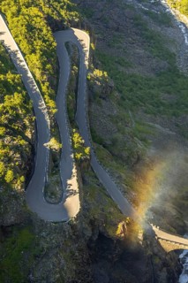Trollstigen near Andalsnes, serpentines, hairpin bends, Stigfossen waterfall, Innfjorden, Møre og