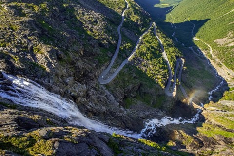 Trollstigen near Andalsnes, serpentines, hairpin bends, Stigfossen waterfall, Innfjorden, Møre og