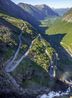 Trollstigen near Andalsnes, serpentines, hairpin bends, Stigfossen waterfall, Innfjorden, Møre og