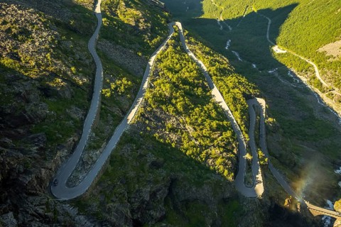 Trollstigen near Andalsnes, serpentines, hairpin bends, Stigfossen waterfall, Innfjorden, Møre og