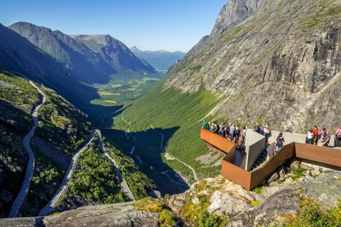 Trollstigen At Andalsnes, serpentines, Stigfossen waterfall, viewpoint, Innfjorden, Møre og