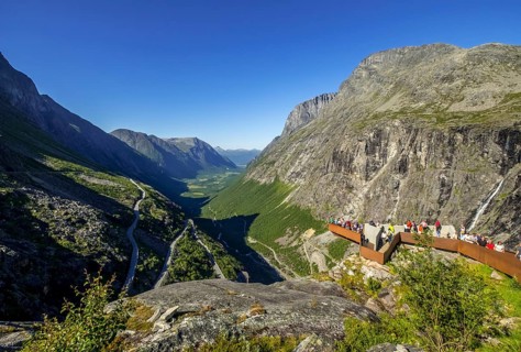 Trollstigen near Andalsnes, serpentines, Stigfossen waterfall, viewpoint, Innfjorden, Møre og