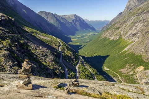 Trollstigen near Andalsnes, serpentines, Stigfossen waterfall, Innfjorden, Møre og Romsdal, Norway,