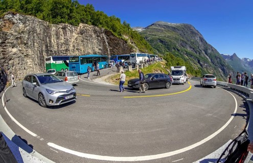 Gjerdefossen viewpoint, tourists, coaches, Geiranger, Møre og Romsdal, Norway, Scandinavia, Europe,