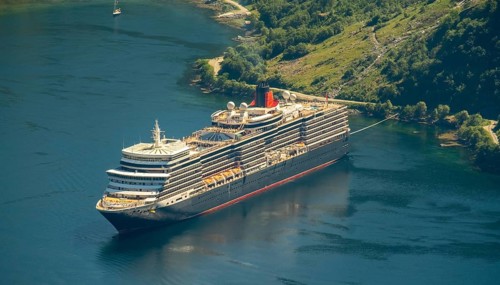 GeirangerFjord, view of Geiranger, ship Queen Elizabeth at anchor, Møre og Romsdal, Norway,