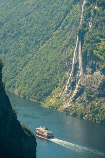 Ship MS Polarlys in fjord, waterfall, Bringefossen also called Gomsdalsfossen, Geirangerfjord,