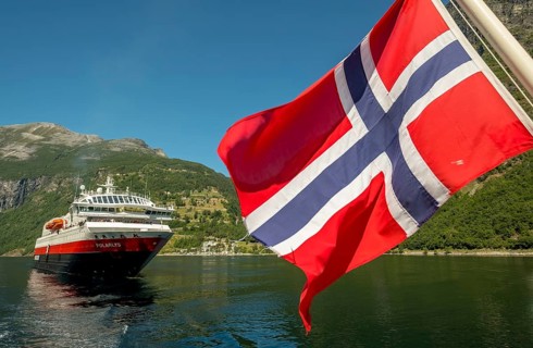 Ship MS Polarlys, Norwegian flag, Geiranger, Møre og Romsdal, Norway, Scandinavia, Europe,