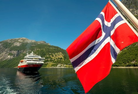 Ship MS Polarlys, Norwegian flag, Geiranger, Møre og Romsdal, Norway, Scandinavia, Europe,