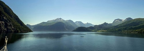 Panoramic view, fjord and mountain formations, Storfjord, Stranda, Møre og Romsdal, Norway,