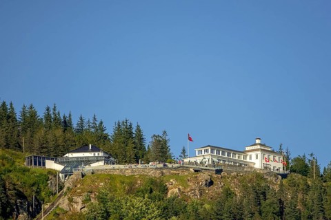 Fløyen, Fløien Folkerestaurant, lookout station over Bergen, mountain railway, white wooden