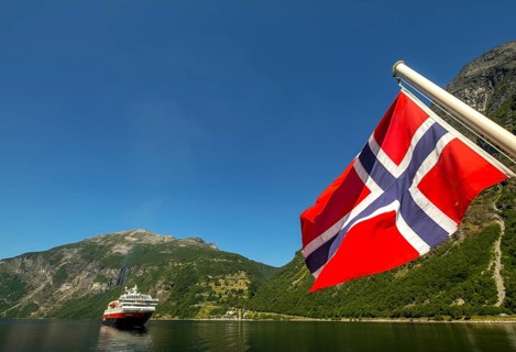 Ship MS Polarlys, Norwegian flag, Geiranger, Møre og Romsdal, Norway, Scandinavia, Europe,