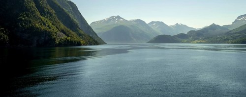 Panoramic view, fjord and mountain formations, Storfjord, Stranda, Møre og Romsdal, Norway,