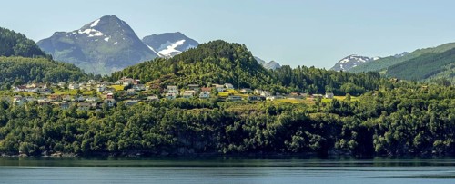 Panoramic view, fjord and mountain formations, Storfjord, Stranda town view, Møre og Romsdal,