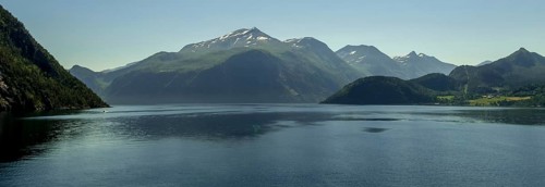 Panoramic view, fjord and mountain formations, Storfjord, Stranda, Møre og Romsdal, Norway,