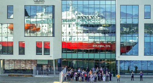 Cruise ship MS Polarlys, reflection, tourists at the quay, Ã...lesund, Møre og Romsdal, Norway,
