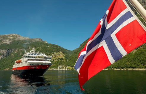 Ship MS Polarlys, Norwegian flag, Geiranger, Møre og Romsdal, Norway, Scandinavia, Europe,