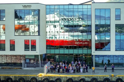 Cruise ship MS Polarlys, reflection, tourists at the quay, Ã...lesund, Møre og Romsdal, Norway,