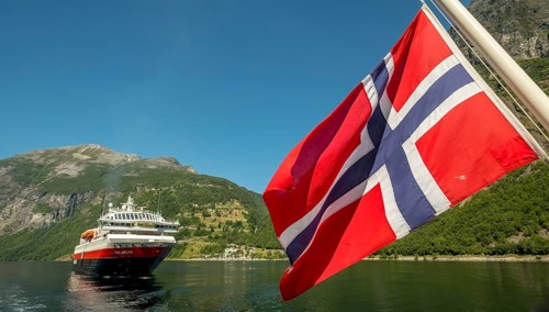 Ship MS Polarlys, Norwegian flag, Geiranger, Møre og Romsdal, Norway, Scandinavia, Europe,