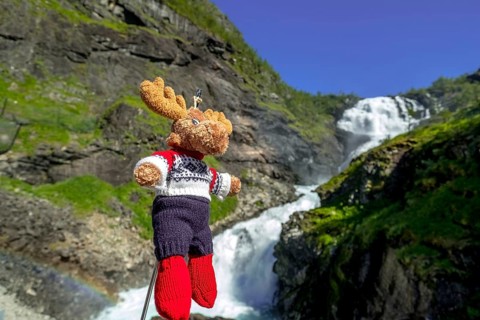 Kjosfossen waterfall, mascot moose in front of waterfall, mountain, rock faces, meadow, sky,