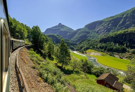 Travelling on the Flam Railway, iron railway journey, view from the Flåmsbana, Ryavegen, mountains,
