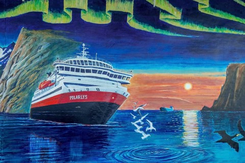 Painting cruise ship Polarlys, rocks, water, sky, sunset, seagulls, Bergen, Hordaland, Norway,