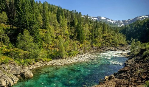 River in the mountains, forest, stones, sky, Vossestrand, Hordaland, Norway, Scandinavia, Europe,