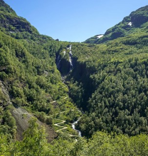 Kjosfossen waterfall, waterfall near Fureberget, mountain, forest, road, sky Flåm, Sogn og