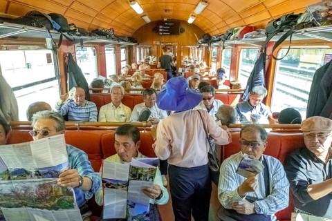 Travel by Flam Railway, iron railway journey, tourists in Flåmsbana, Flåm, Sogn og Fjordane,